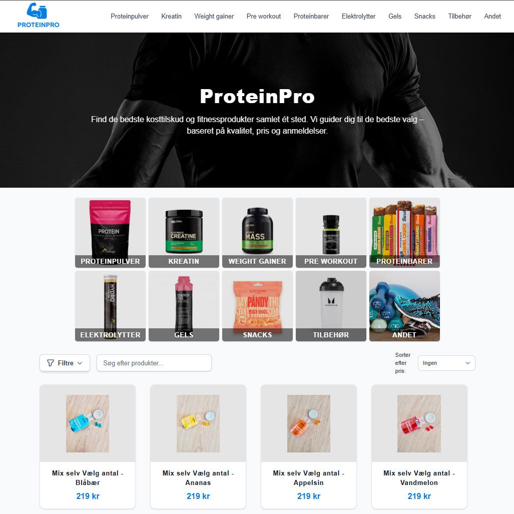 ProteinPro homepage with featured products and categories